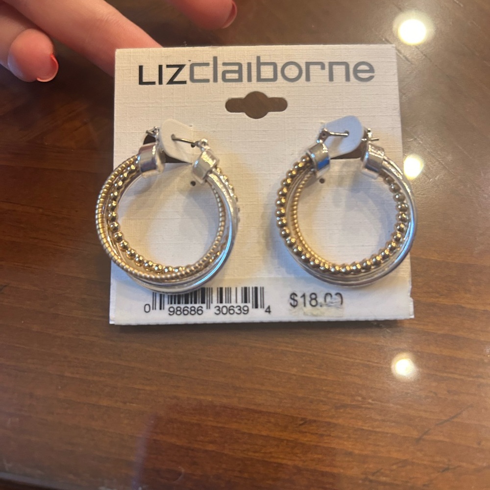 Liz Claiborne Two-Tone Gold and Silver Beaded Hoop Earrings